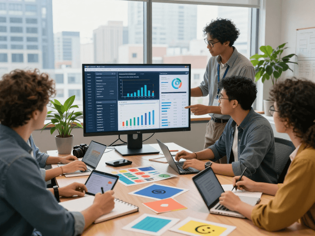 Equipe colaborativa em uma agência de marketing digital trabalhando com análises multicanais.