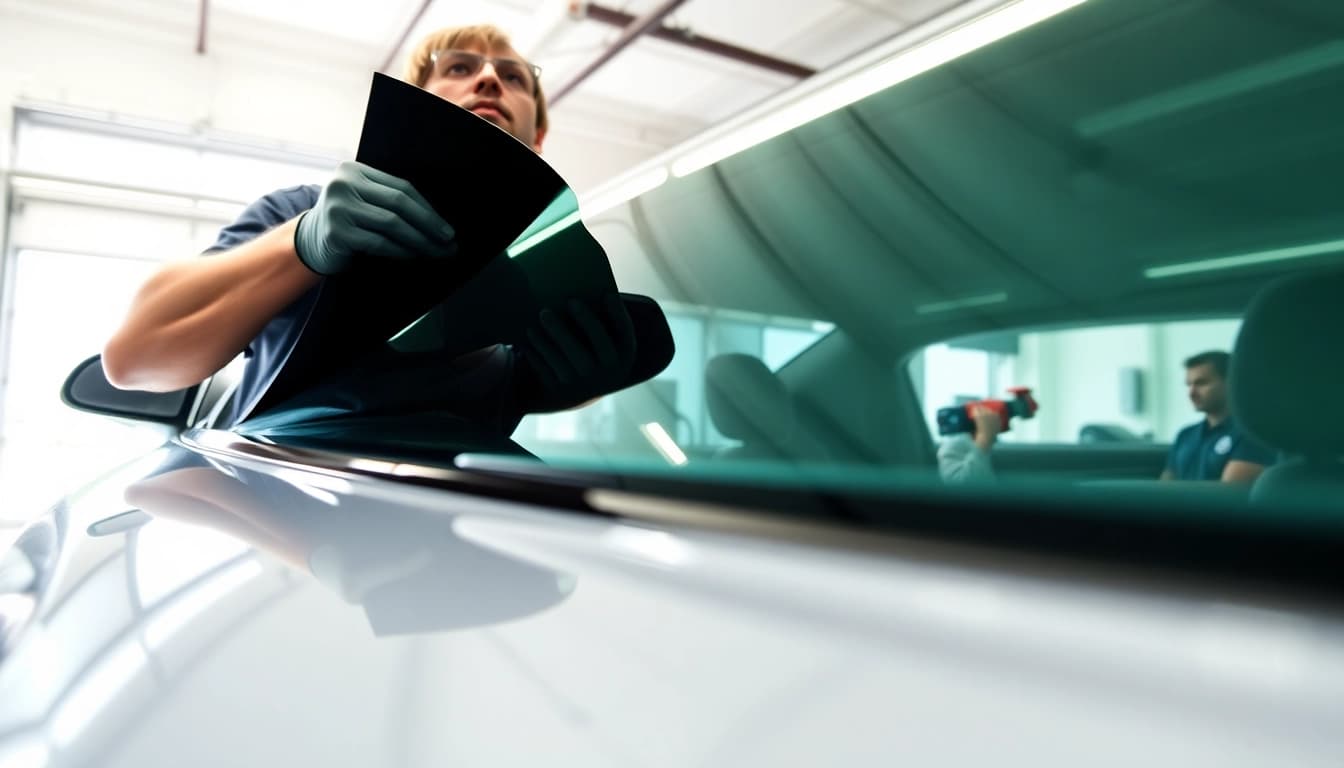 Applying window tint Chattanooga on a vehicle in a professional garage environment.