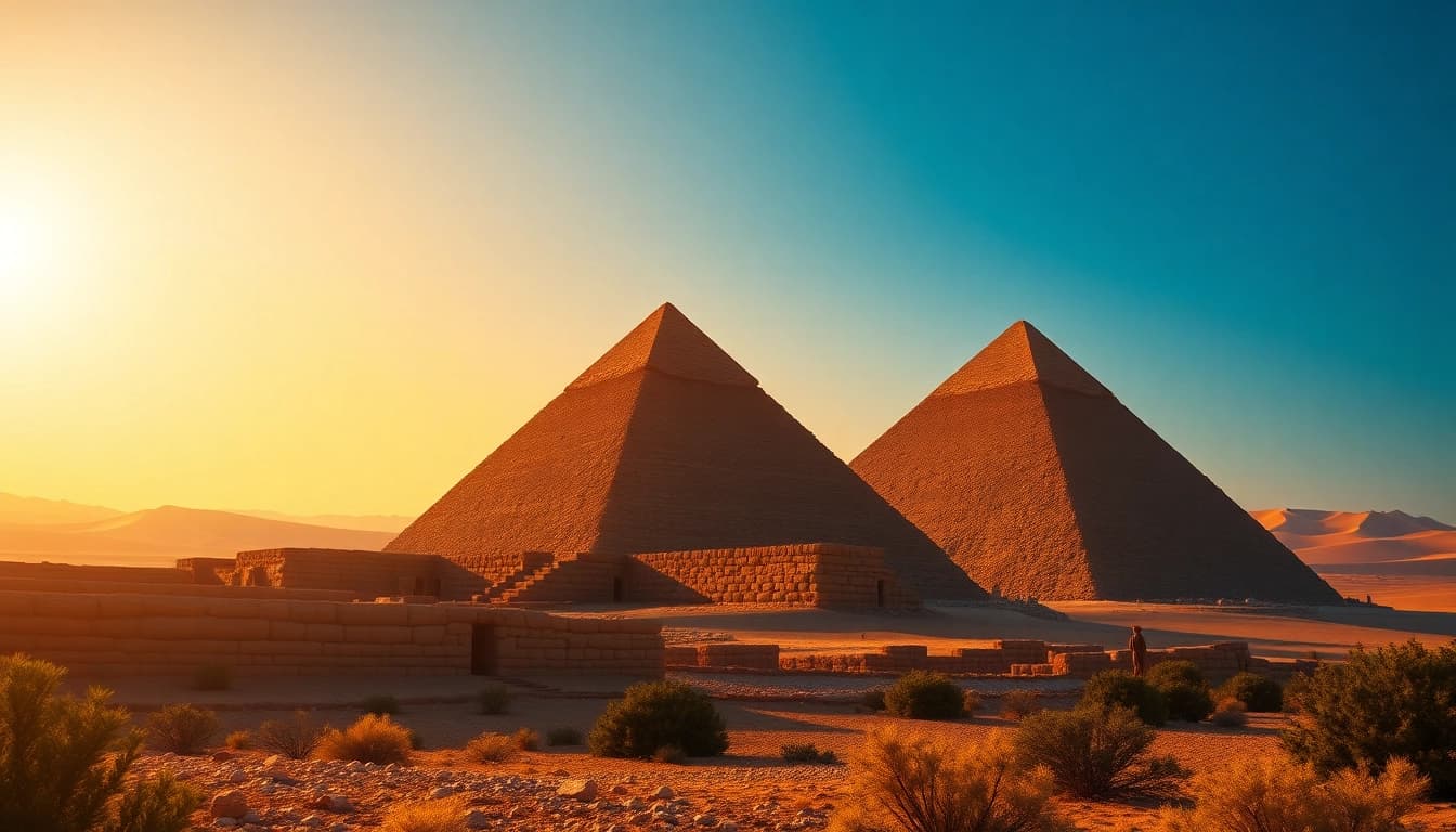 Visita a las piraminds, majestuosas estructuras contrastando con un cielo crepuscular.