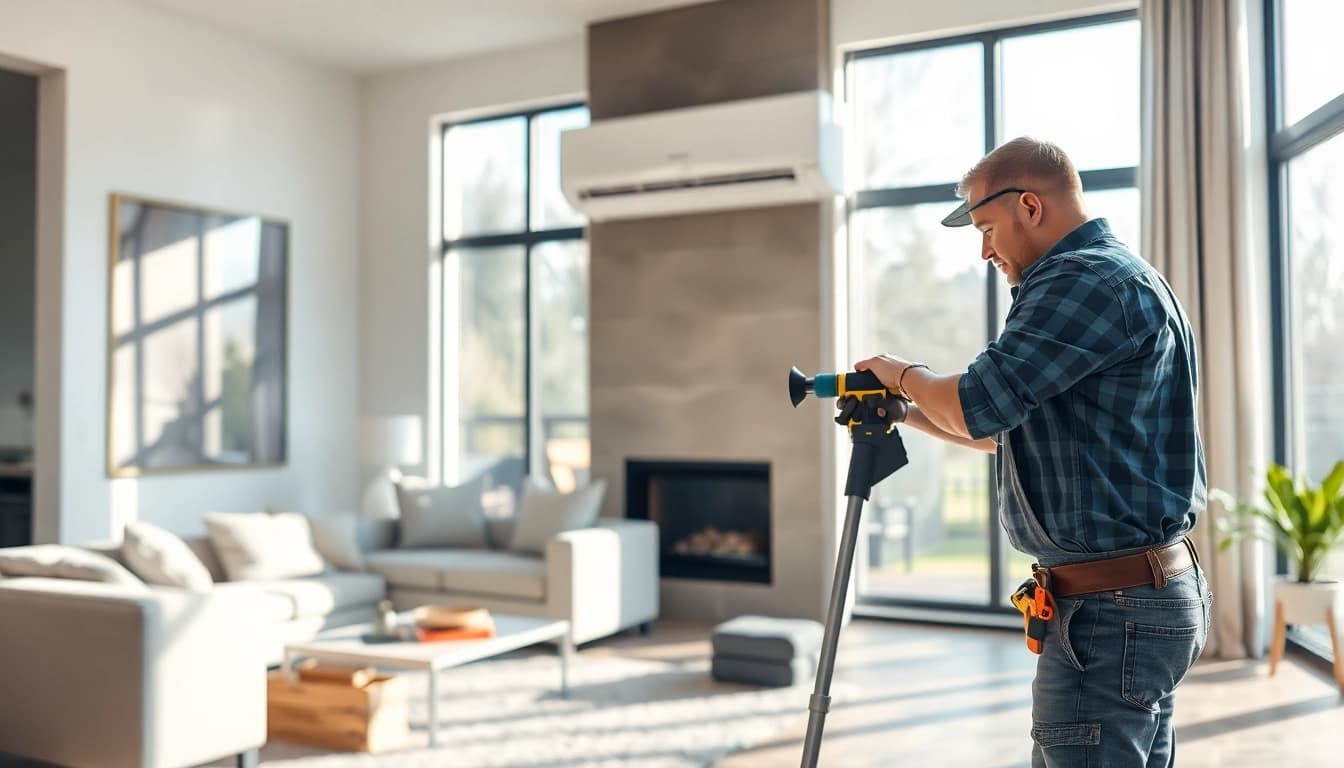 Installer efficiently mounting a mini split ac unit in a modern living room.