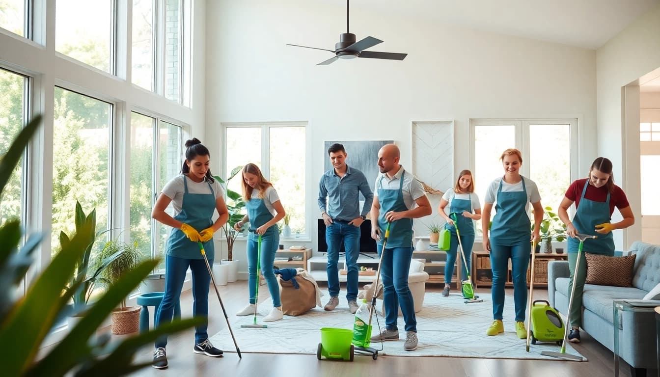 Cleaners performing house cleaning Atlanta services in a bright, modern living room.