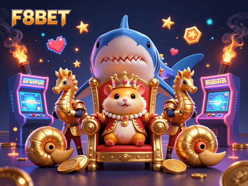 Experience the excitement of F8BET with a golden hamster king amidst casino elements in vibrant 3D.