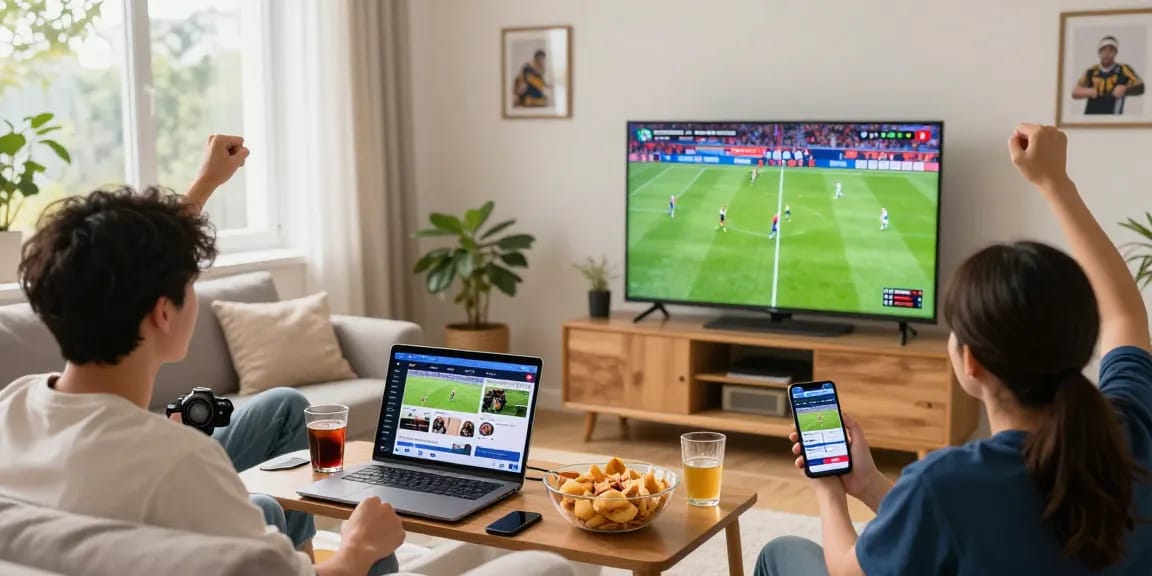 Fans watching football live on multicanais in a cozy setting.