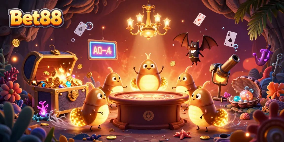 Experience casino excitement at Bet88 with vibrant glowworms lighting up the action in a dynamic scene.