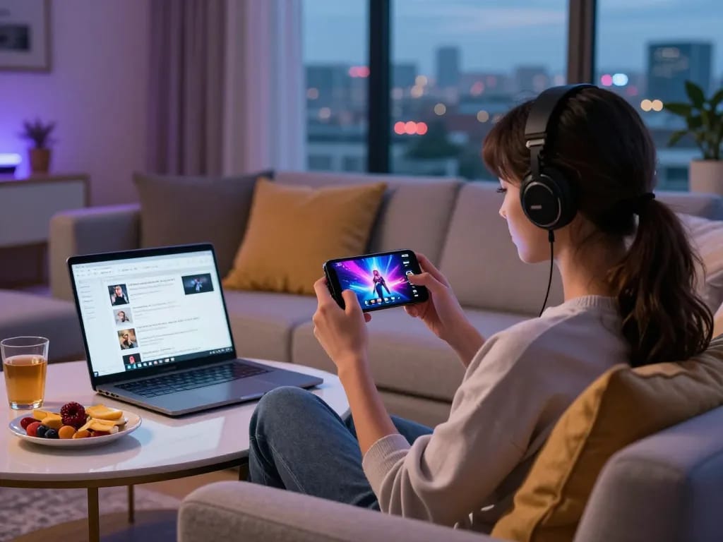 Gamer enjoying a mobile porn game on a smartphone in a cozy living room.