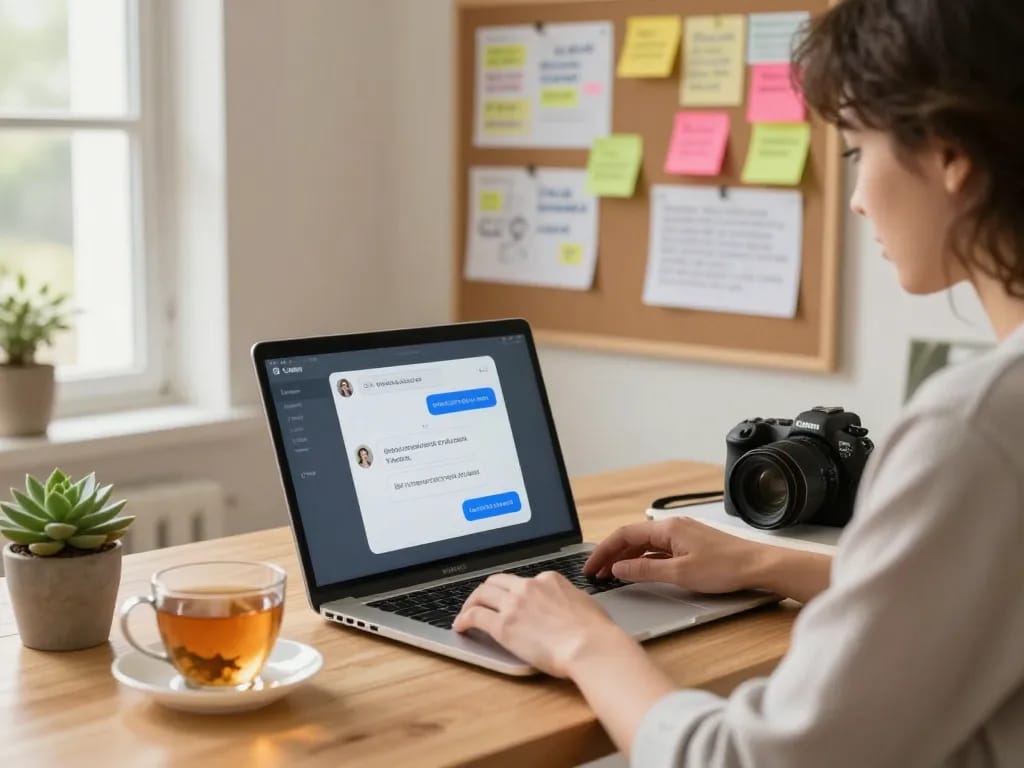 Engaging in a crush on AI chat within a cozy home office, blending technology and comfort.
