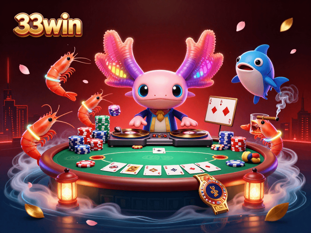 Catch the excitement of 33win with colorful axolotl DJ and vibrant casino scene.