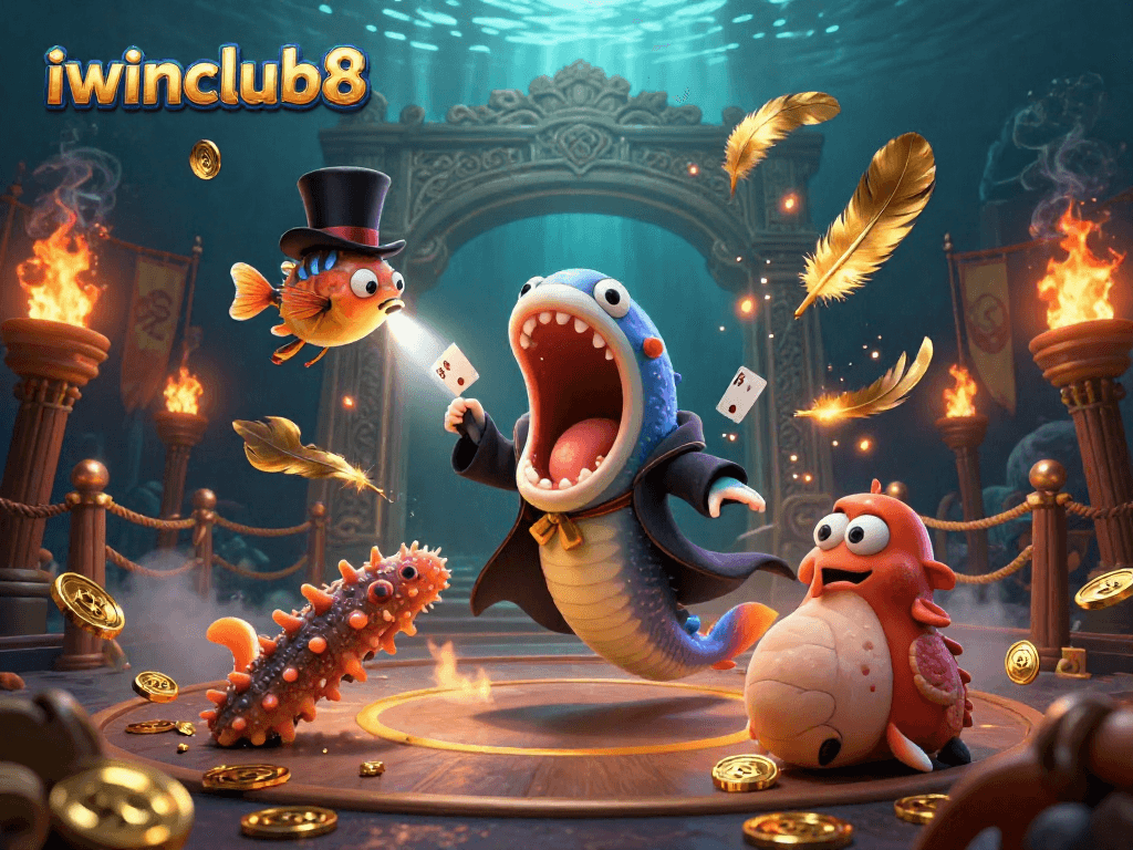 Engage with iwinclub8's vibrant scene featuring a magician eel showcasing card tricks amidst a dazzling underwater arena.