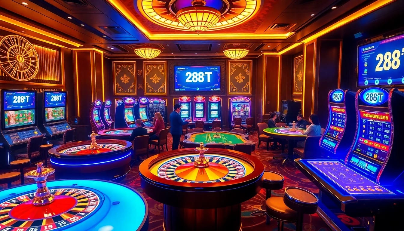 Exciting players engaging with slot machines and table games at 288T online casino.
