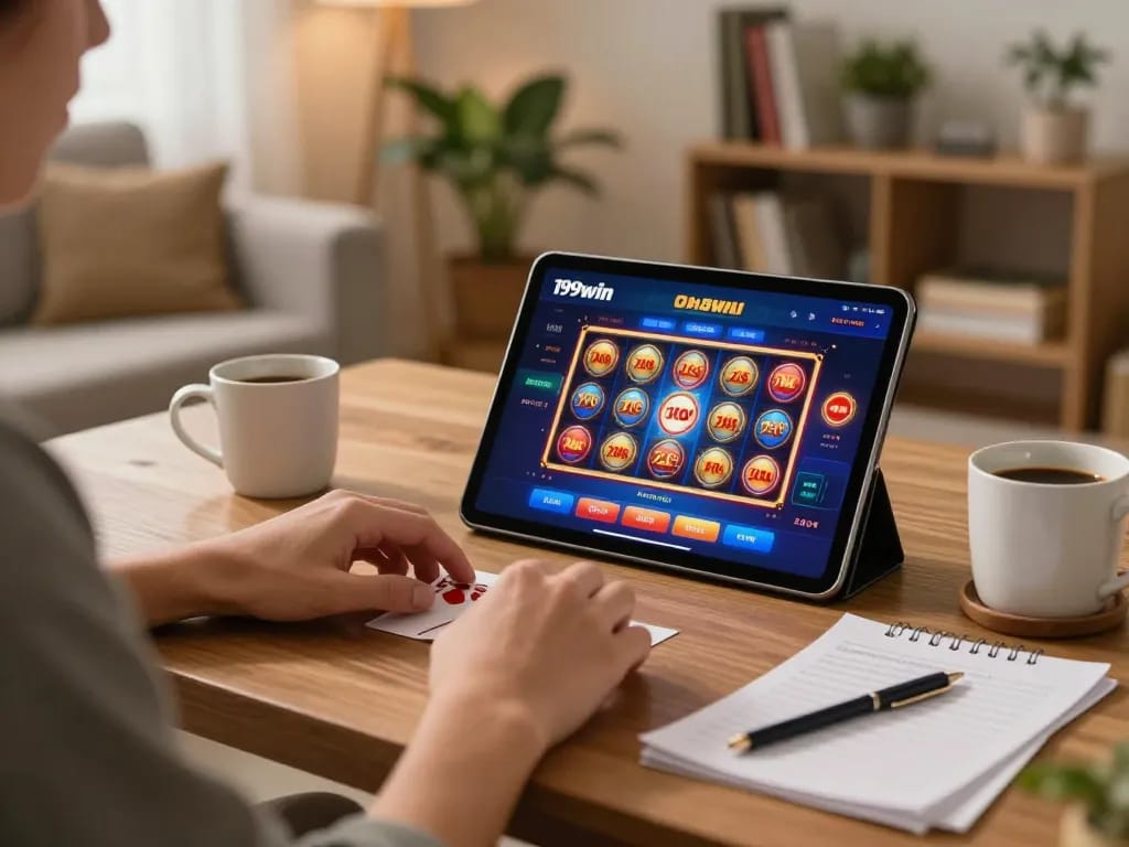 Engaging in 199win bet app on tablet while enjoying online casino gaming at home.