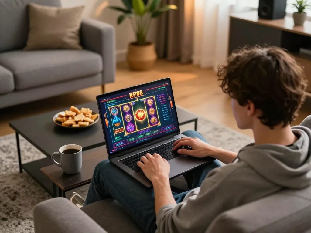 Person enjoying kp88 game on a modern laptop with vibrant casino graphics in a cozy home setting.
