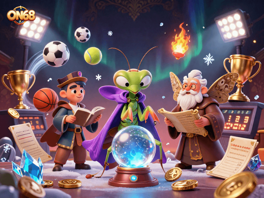 Experience the vibrant world of ON68 with a mystical fortune teller and dynamic sports betting elements.