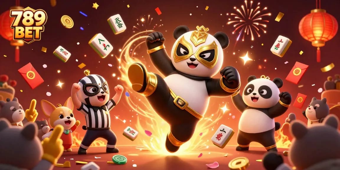 Experience thrilling action with 789 BET's panda wrestler in a vibrant casino celebration.