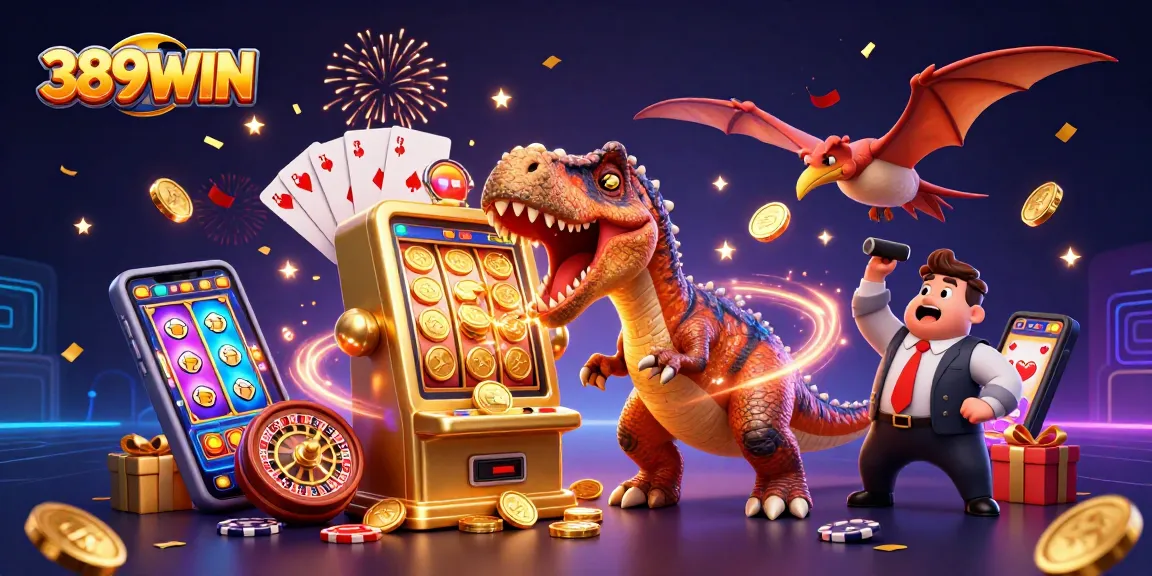 Engaging 389WIN scene with characters celebrating a jackpot win at a golden slot machine, colorful coins flying