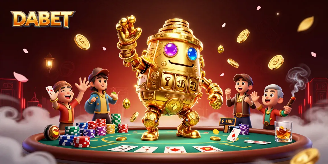DABET gaming action featuring an ancient golden golem and poker elements amid rich casino details.