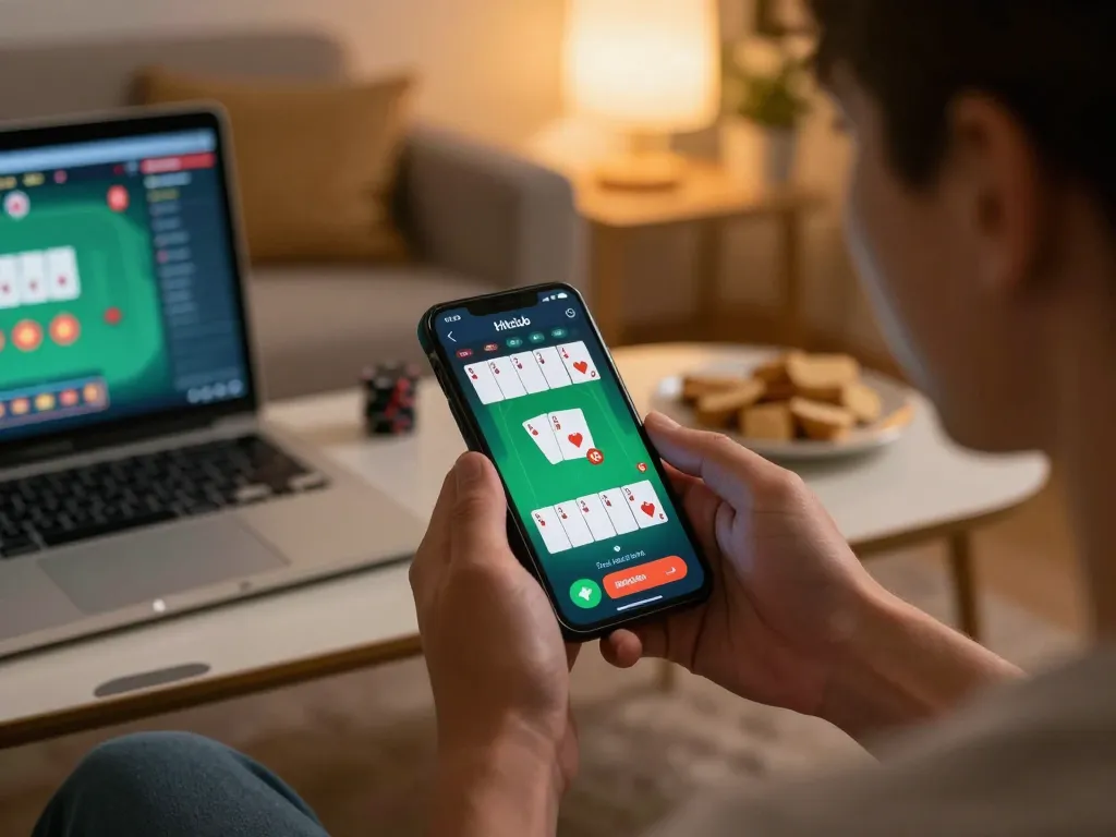 Hitclub app displayed on smartphone during online poker session, showcasing engaging gameplay and responsible gambling.