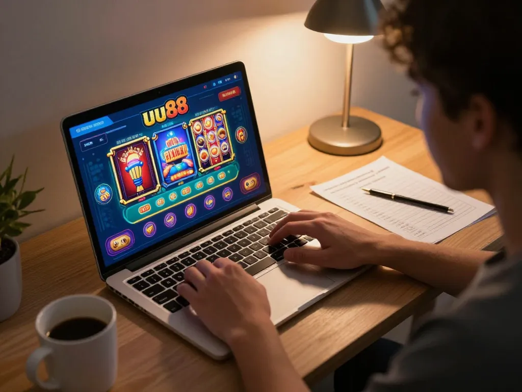 Engaging player exploring uu88 online casino interface at home with strategy notes.