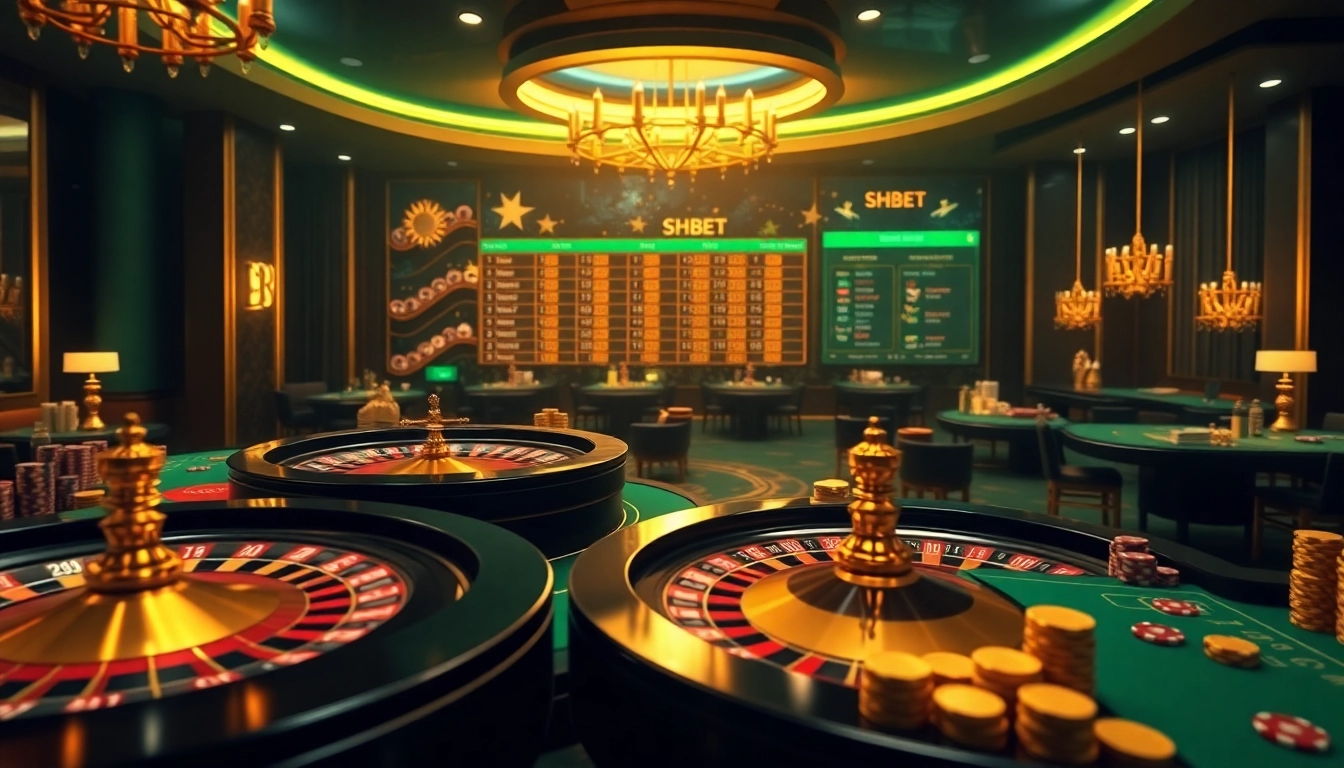 Experience an exciting betting scene with SHBET showcasing roulette and poker elements.