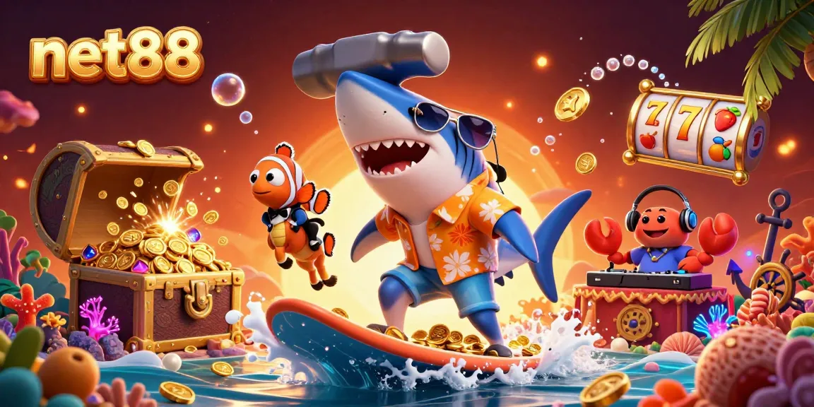 Surf with net88 while winning big on slots amidst golden waves and colorful sea creatures.