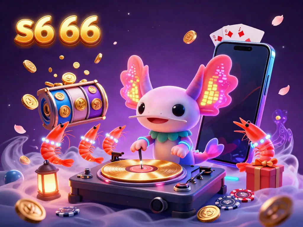 Experience the vibrant energy of s6 66 with a neon axolotl DJ and casino game elements.