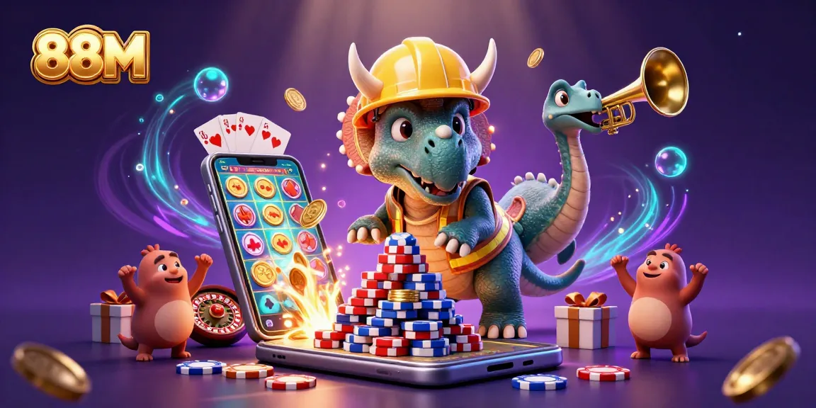 Experience the thrill of 88M casino with a triceratops building poker chips amidst colorful game elements!