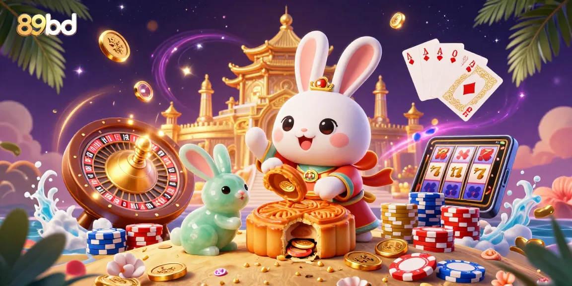 Experience thrilling gameplay with 89bd as the moon rabbit reveals hidden poker chips amidst dazzling casino elements.