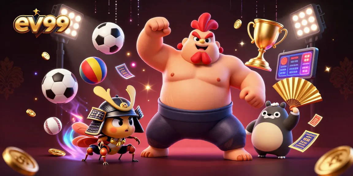 ev99 boosts excitement with a lively casino-themed scene featuring a powerful sumo rooster and a fierce cricket.