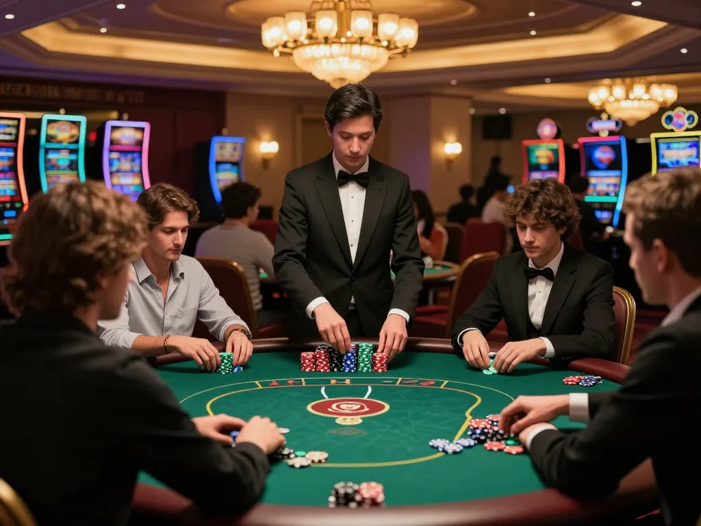 Players strategizing at a king33 poker table with dynamic gameplay and luxury casino ambiance.