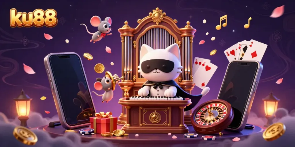 Experience the thrill of ku88 with a captivating casino scene featuring a phantom cat, a mouse acrobat, and vibrant game elements.