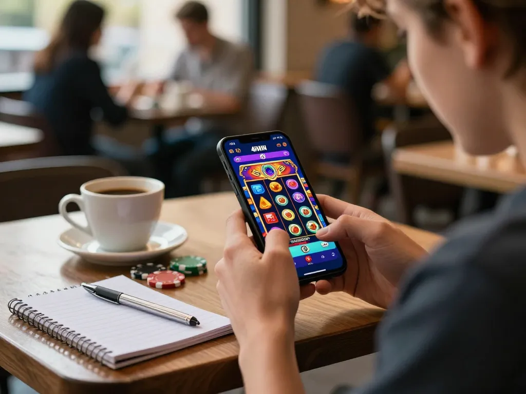 Engaging mobile gaming experience on 40WIN app showcasing colorful slot game interface with a player in a cafe setting.