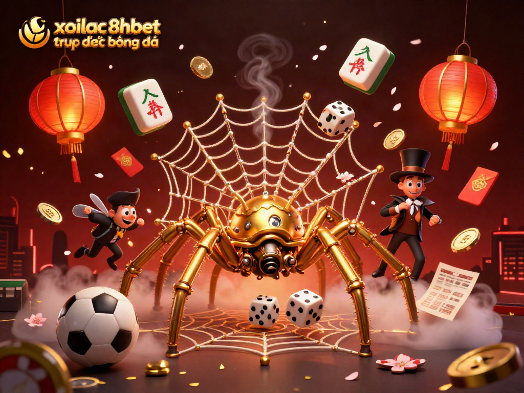 Engage with xoilac 8xbet trực tiếp bóng đá as a steampunk spider captures dice in a vibrant betting scene.