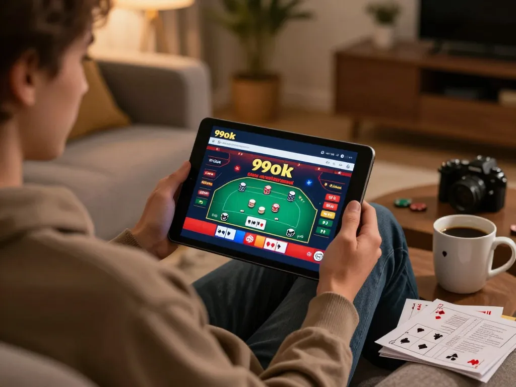 Person engaging in online gaming on 99ok app using a tablet in a cozy home atmosphere.