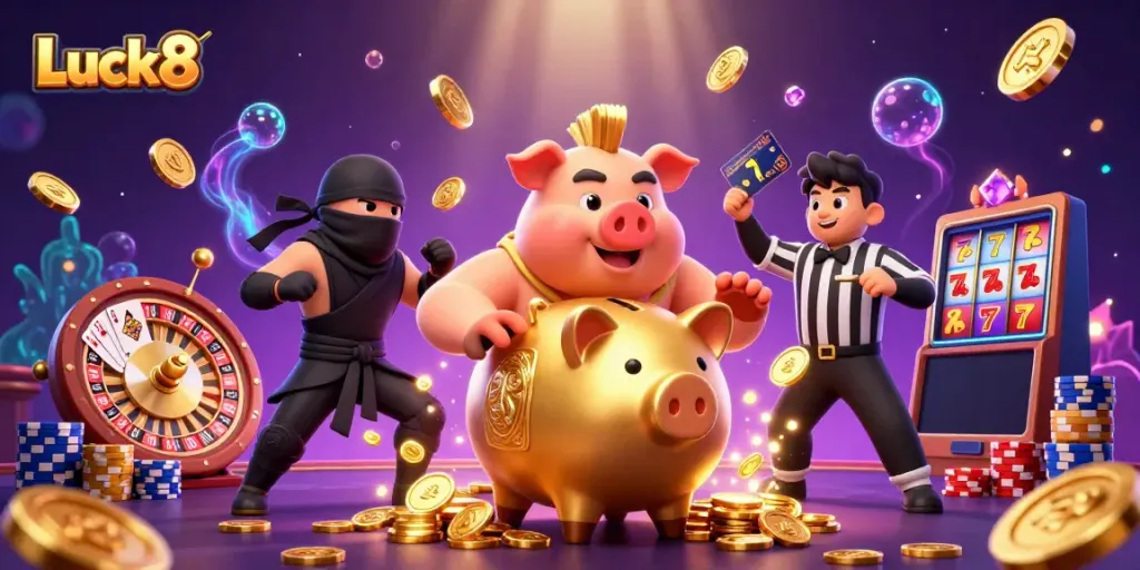 Luck8 casino illustration showcasing an energetic scene with a piggy bank sumo wrestler, golden coins, and vibrant game elements.