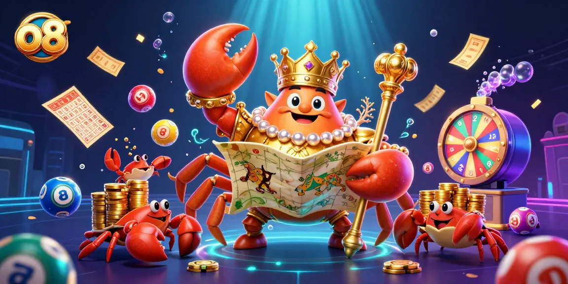 Experience the vibrant world of o8, featuring a golden crab emperor in a lively casino scene, surrounded by animated lottery elements.