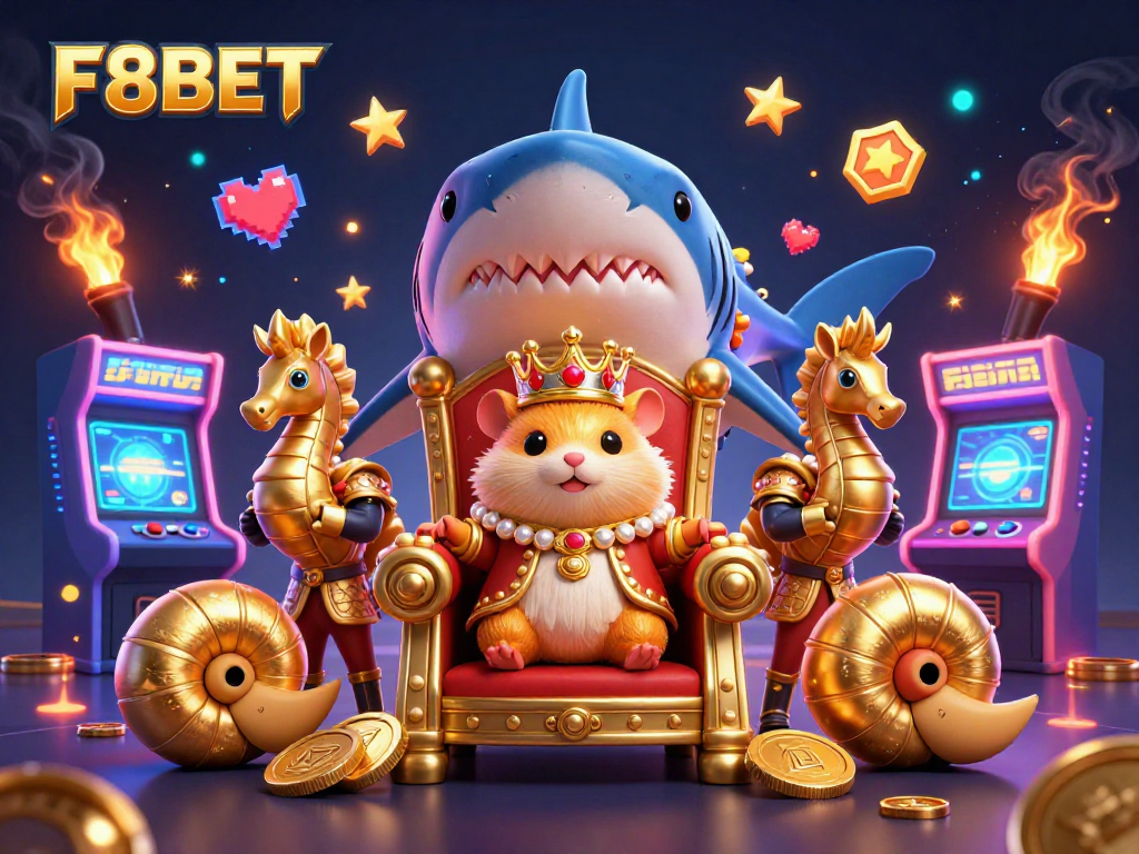Experience the excitement of F8BET with a golden hamster king amidst casino elements in vibrant 3D.