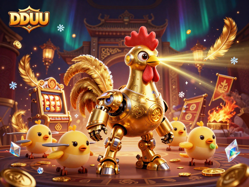 Experience excitement at DDUU with a golden rooster robot and animated slot machines in action!