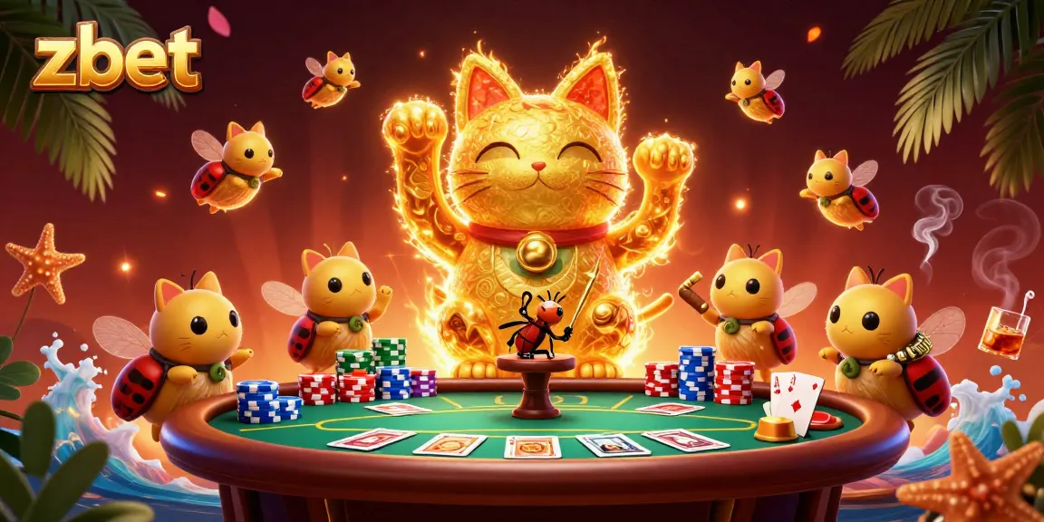Engage with zbet's thrilling poker scene, featuring a dynamic lucky cat and vibrant casino elements.