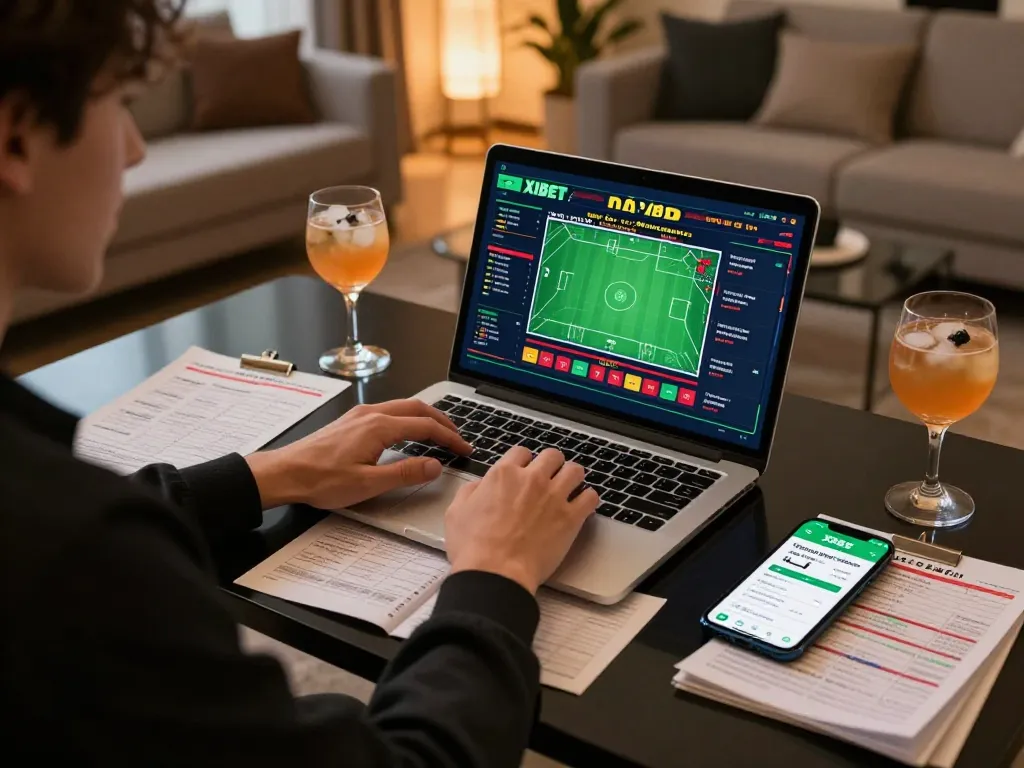 Engaging in sports betting on the nhà cái XIBET app from a stylish home office.