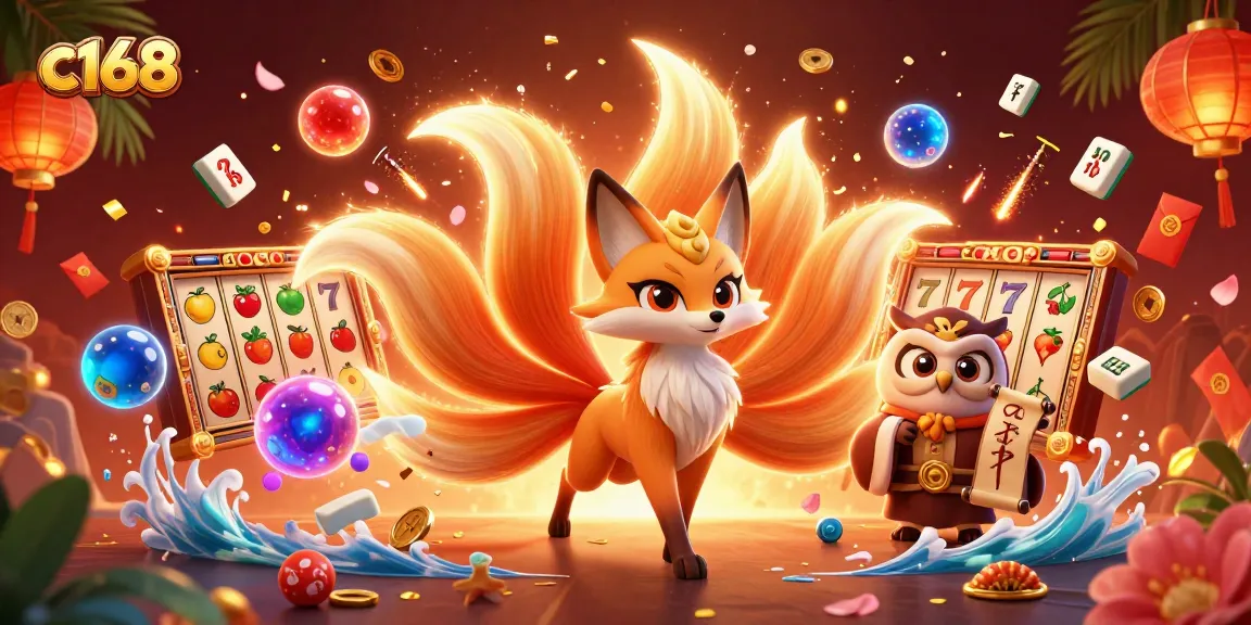 Engage with c168's vibrant online casino atmosphere, featuring colorful characters and iconic gaming elements.