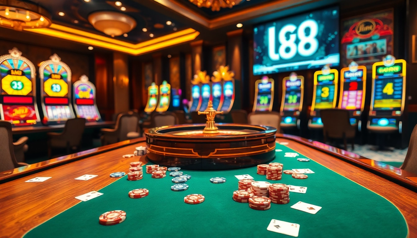 Experience luxury gaming with lc 88 at a vibrant casino table filled with poker chips and high-class action.