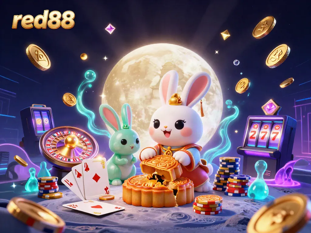 Experience thrilling gameplay and vibrant colors with red88's unique moon rabbit casino illustration, showcasing gaming excitement.