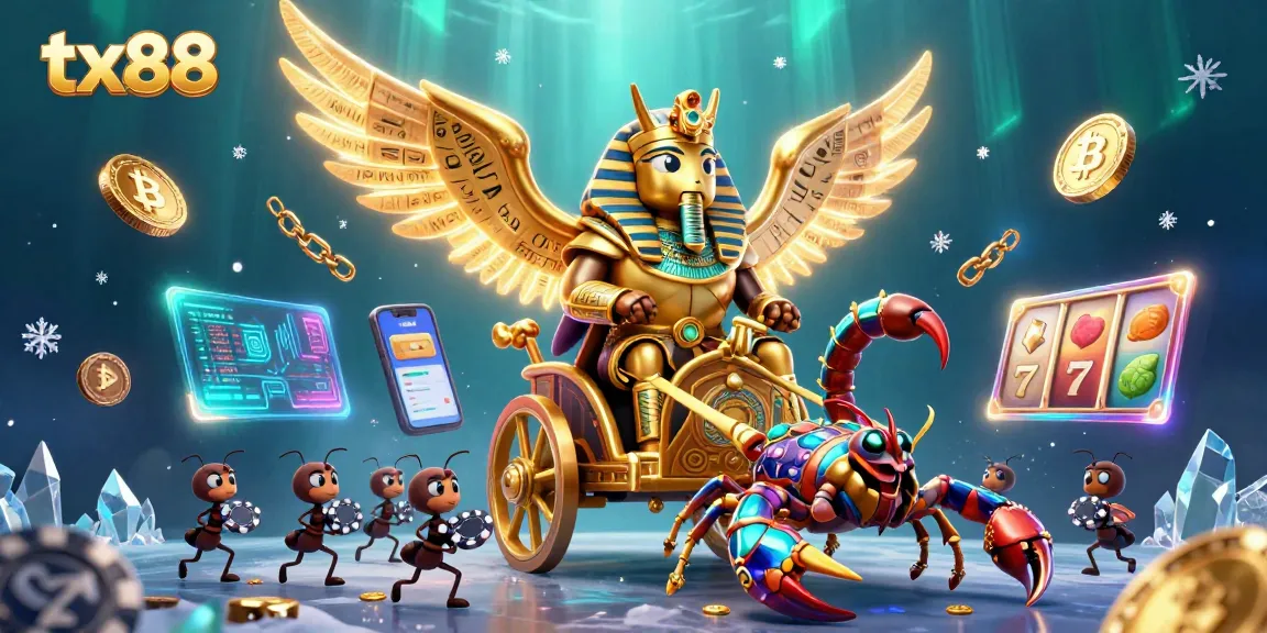 Experience thrilling gaming with tx88 as a golden scarab beetle guides you through a vibrant casino.
