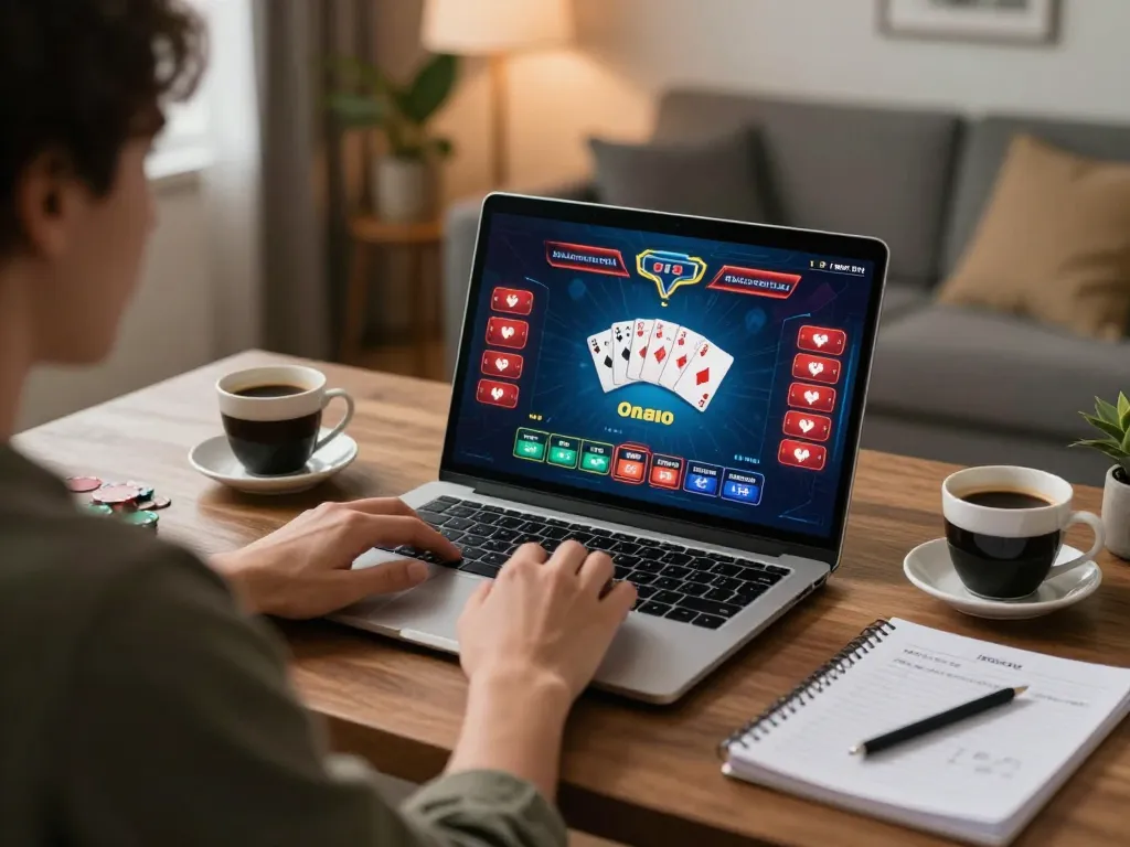 Engaged player using oxbet for online poker, showcasing strategy with notes and dynamic screen graphics.