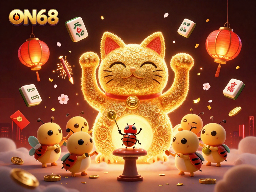 Experience ON68's vibrant casino world with a waving lucky cat and dynamic gaming symbols in a rich scene.