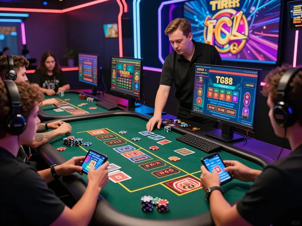 Engaged players at TG88 online casino table, vibrant atmosphere with digital displays and gaming accessories.