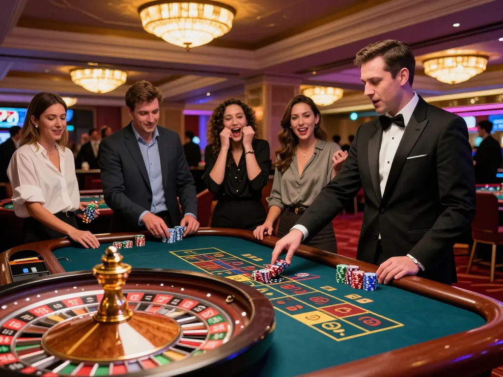 Players engaging in an exciting roulette game at a casino, showcasing sunwin betting excitement.