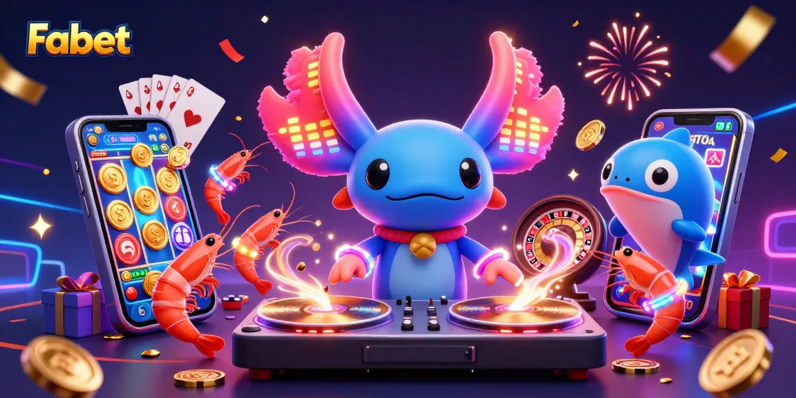 Engage with Fabet's vibrant casino experience featuring an axolotl DJ and animated characters.
