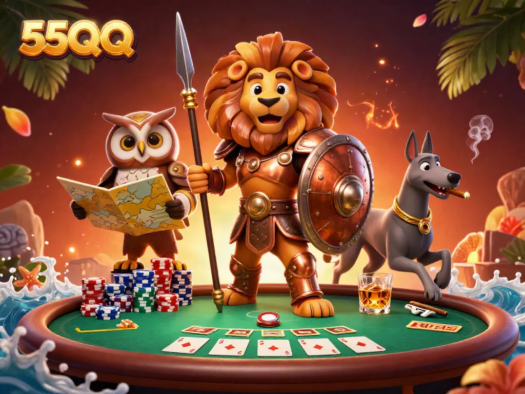 Engage in epic gaming with 55QQ surrounded by rich poker elements and dynamic characters.