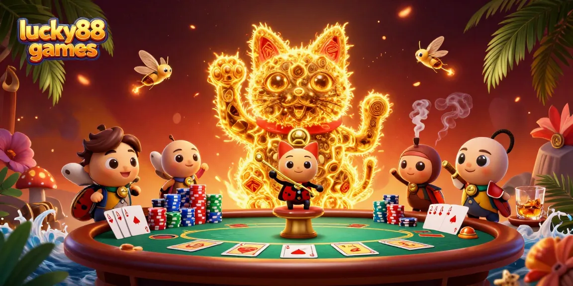 Engage with lucky88games through a vibrant casino-themed illustration featuring a giant waving lucky cat.