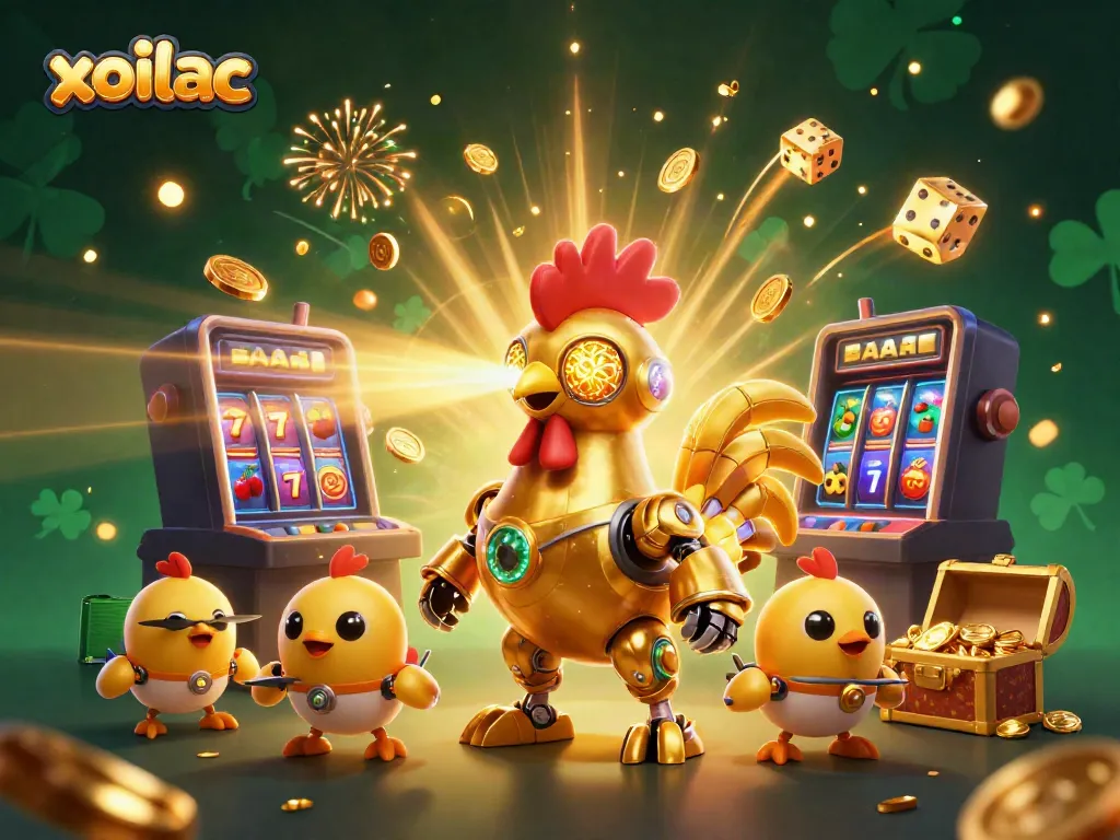 Bet and win big with Xoilac in this dynamic casino-themed illustration featuring a golden rooster robot.